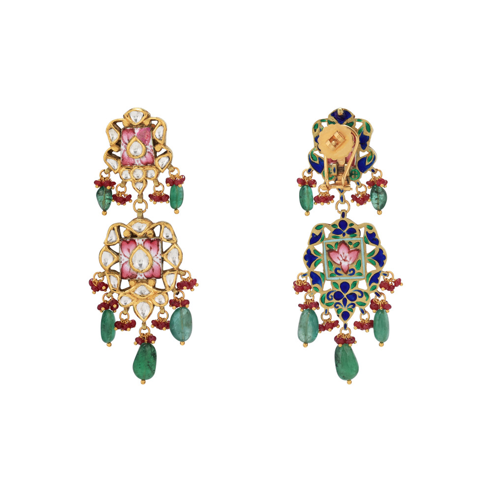 Pink Enamel Polki Earrings with Emerald Maniya and Red Beads