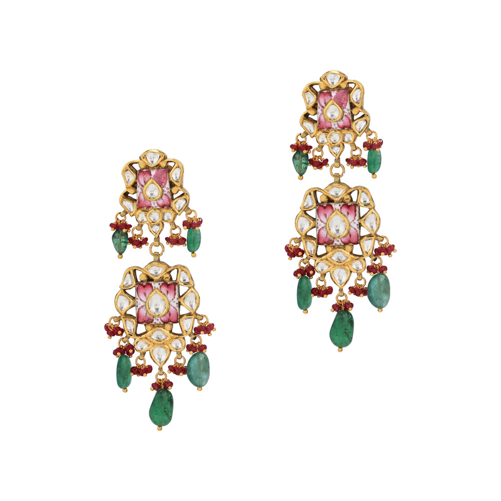 Pink Enamel Polki Earrings with Emerald Maniya and Red Beads