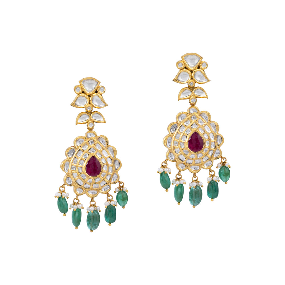 Teardrop Ruby Jadau Earrings with Emerald Drops