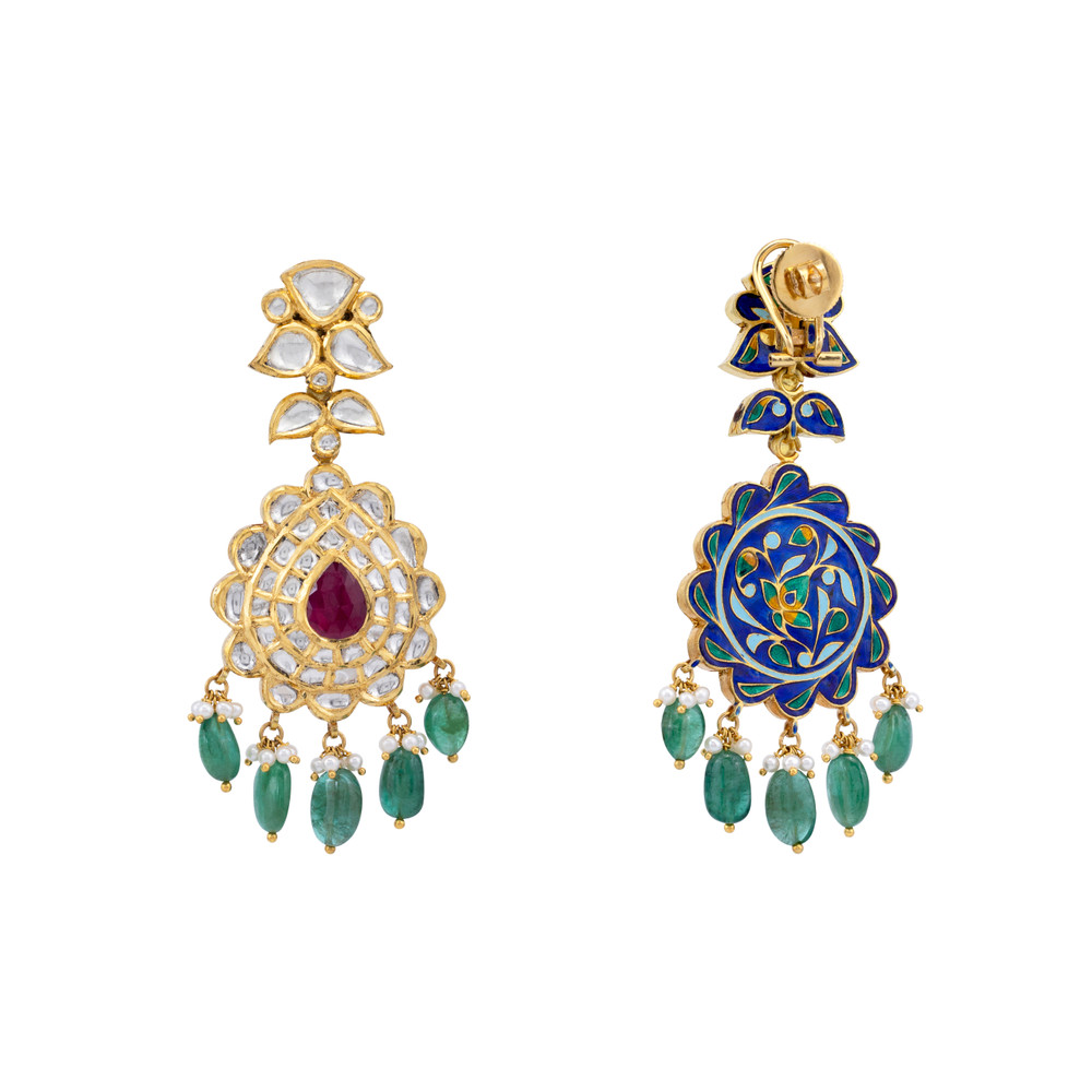 Teardrop Ruby Jadau Earrings with Emerald Drops