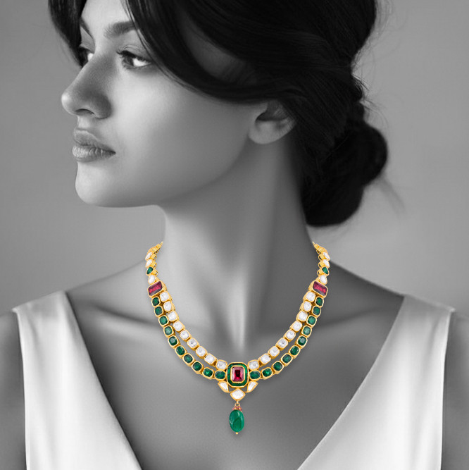 Two-Row Polki Necklace with Tourmaline Center