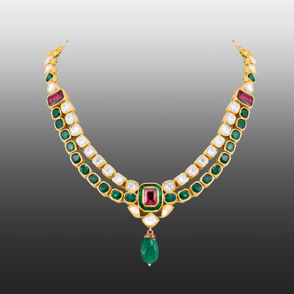 Two-Row Polki Necklace with Tourmaline Center