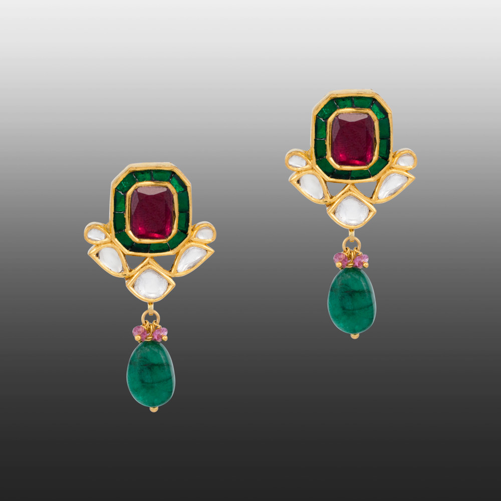 Square Tourmaline Studs with Emerald Drop