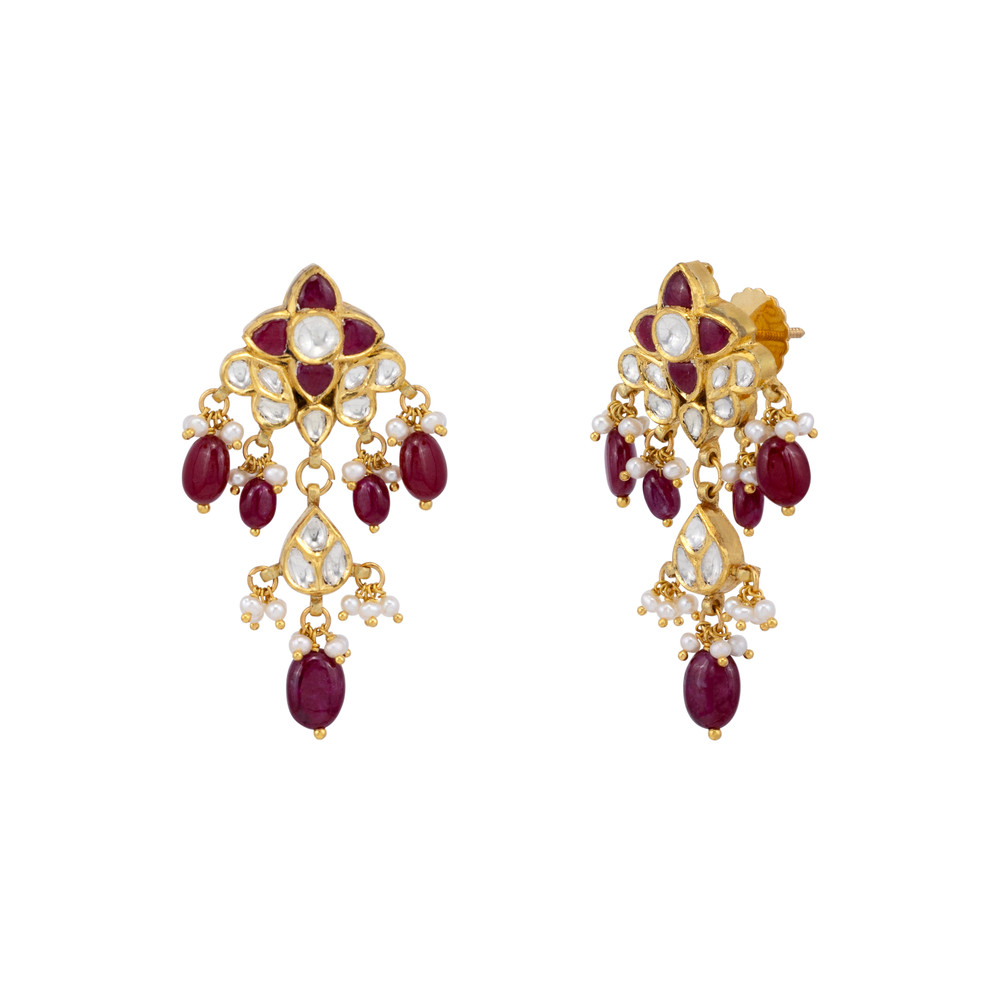 Cascading Ruby and Polki Floral Drop Earrings
