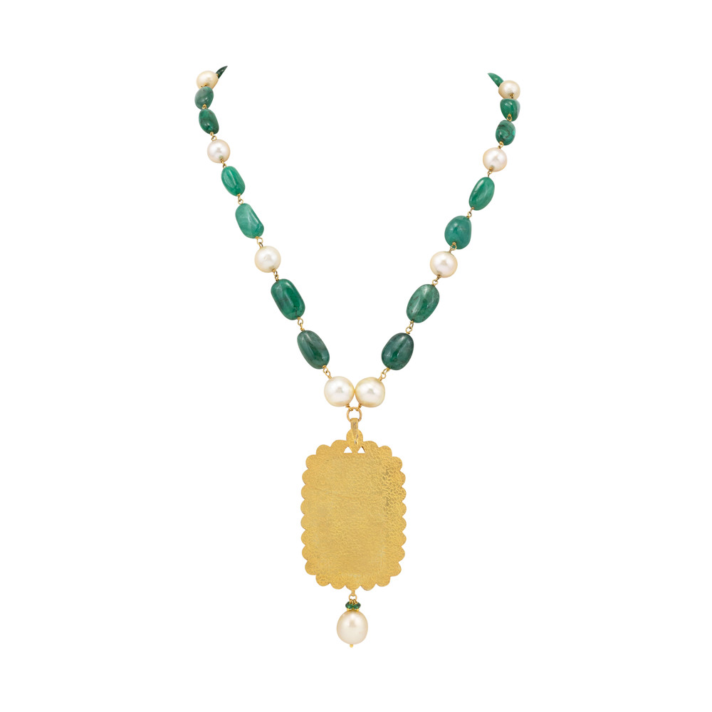 Emerald and Pearl Necklace with Ruby Floral Inlay