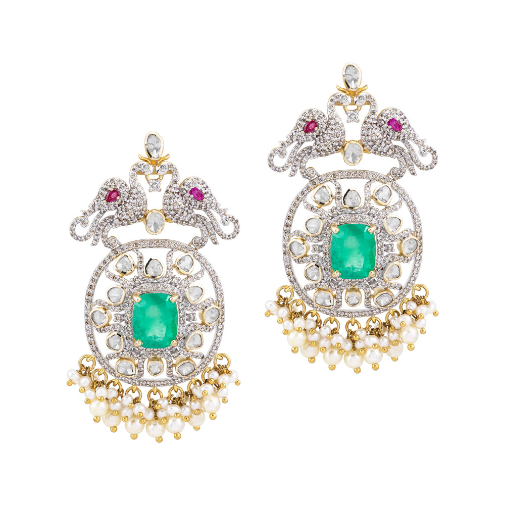 Emerald Cutstone Earrings with Twin Peacock