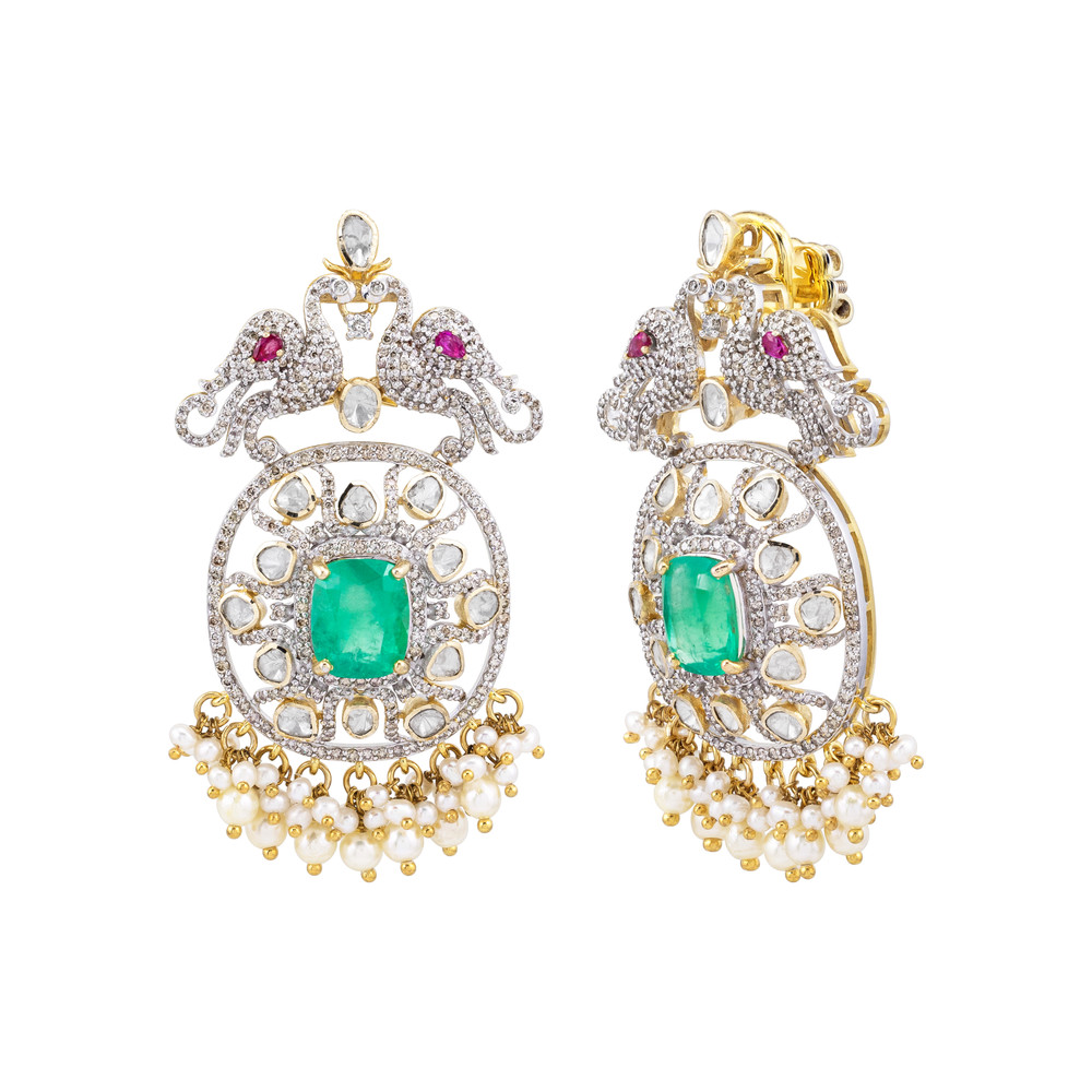 Emerald Cutstone Earrings with Twin Peacock