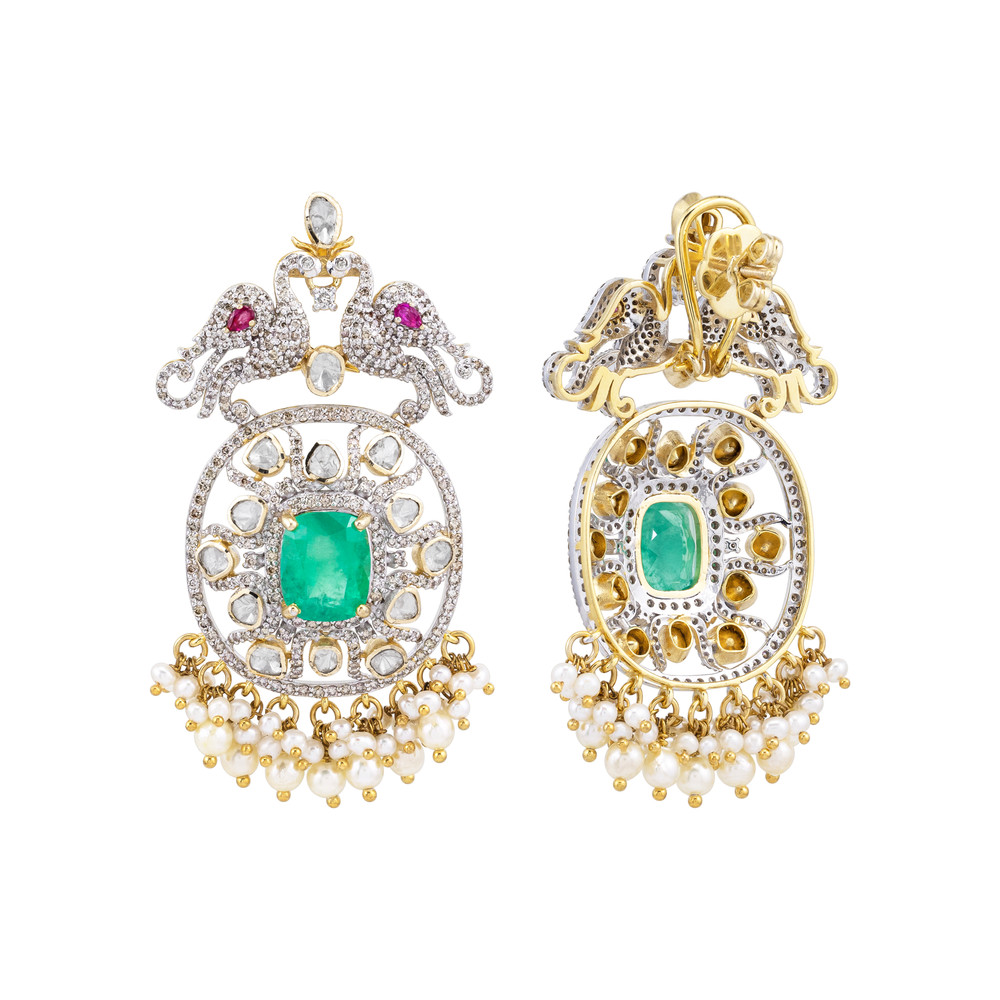 Emerald Cutstone Earrings with Twin Peacock