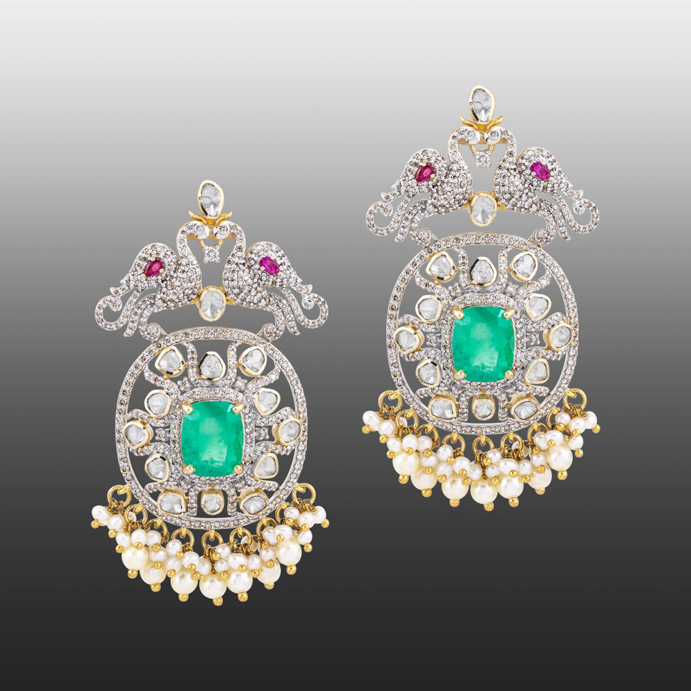 Emerald Cutstone Earrings with Twin Peacock