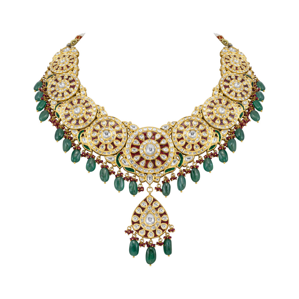 Polki Roundel Necklace with Ruby and Emerald Beads