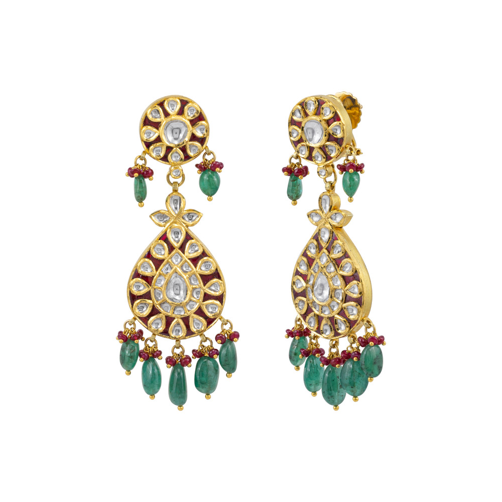 Teardrop Polki Earrings with Emerald Beads