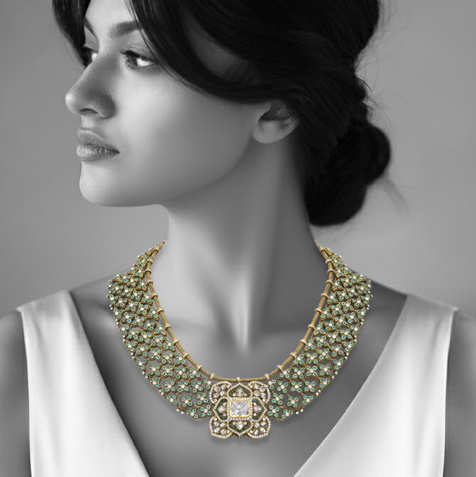Emerald Cabochon Mesh Necklace