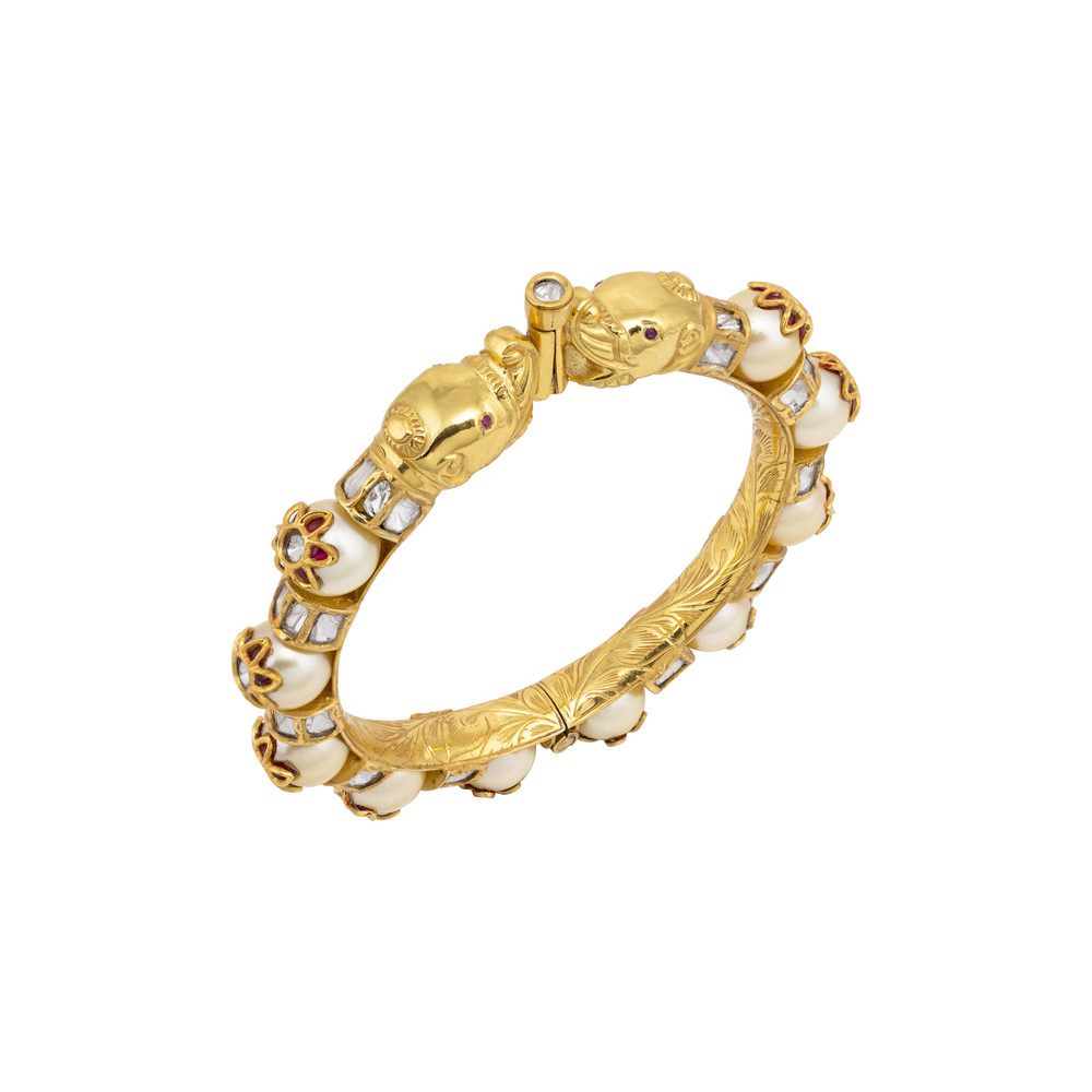Pearl Inlay Gold Kada with Polki Baguettes
