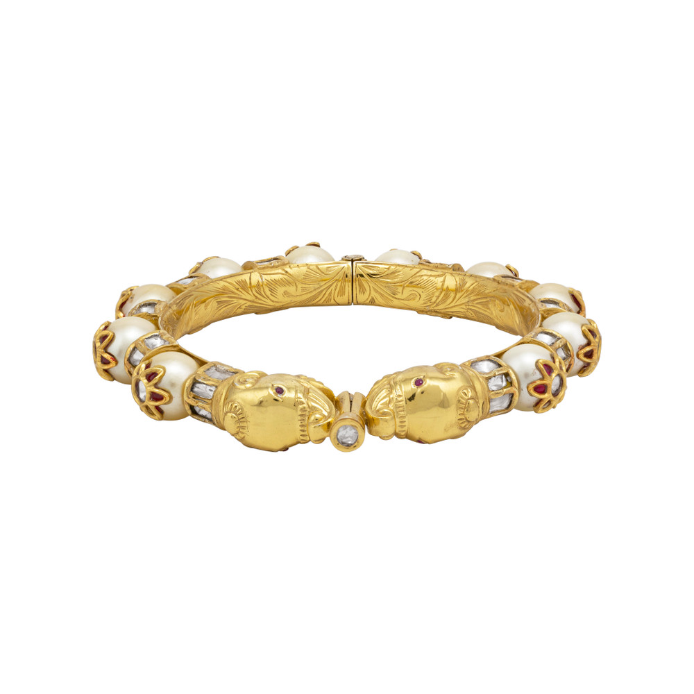 Pearl Inlay Gold Kada with Polki Baguettes
