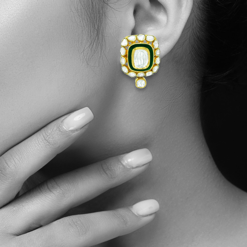 Polki Stud Earrings with Green Enamel Border and Drop Accent