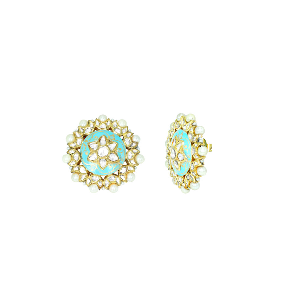 Turquoise Meena Polki Floral Studs with Pearls