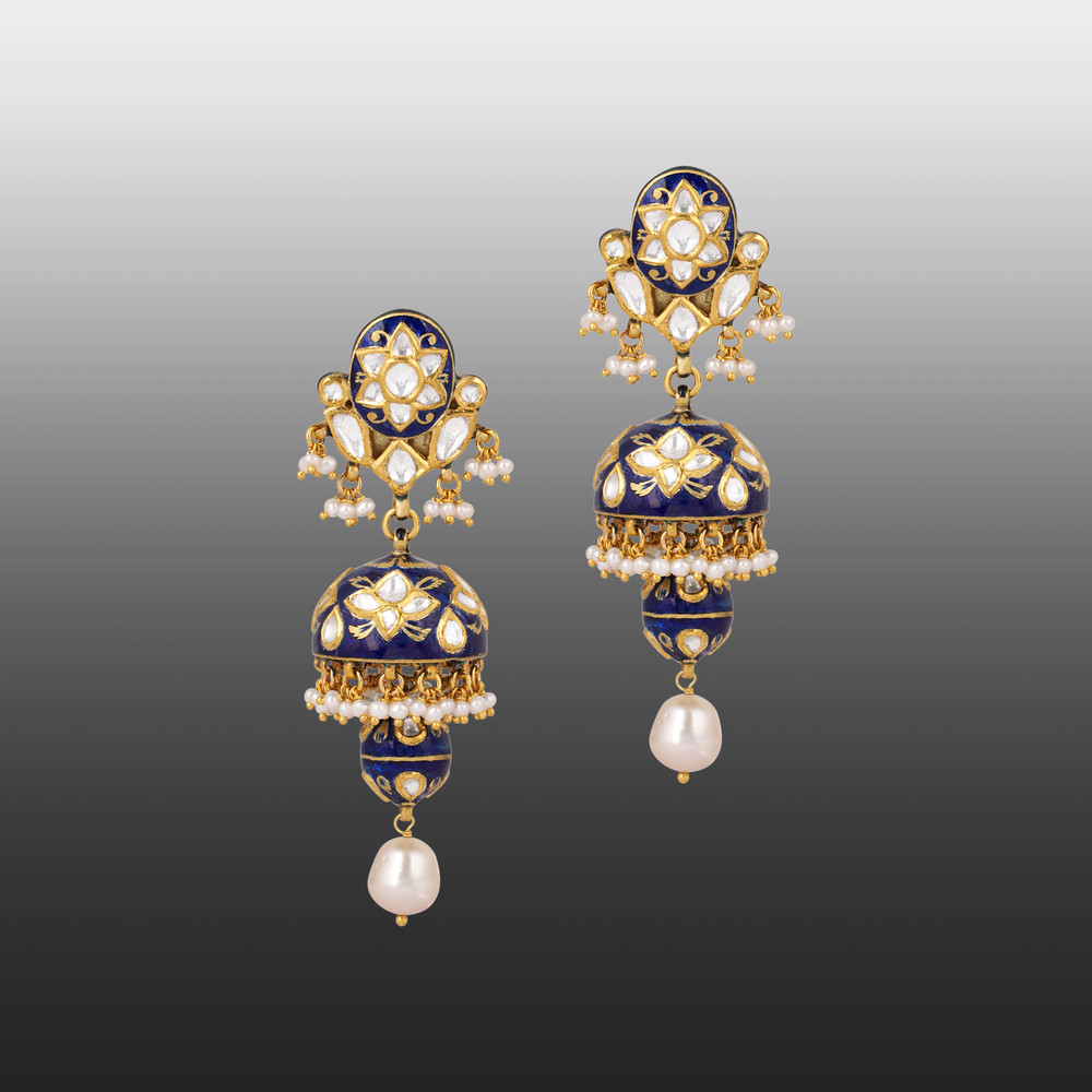 Indigo Enamel Jhumki Earrings with Polki and Pearl Drops