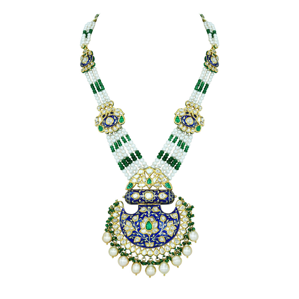 Pankhi-Style Polki Necklace with Blue Enamel and Emerald Accents