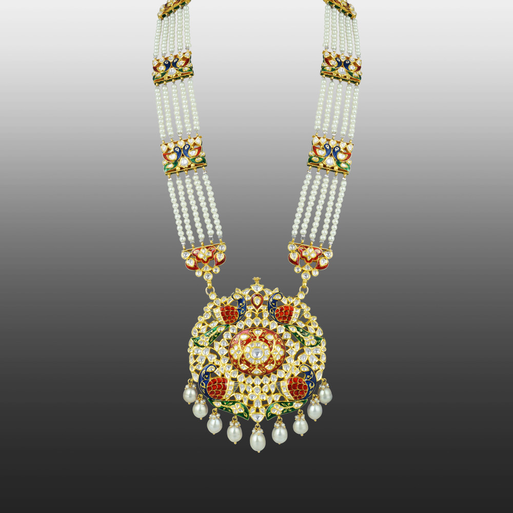 Peacock Pendant Necklace with Polki and Multi-Layered Pearls
