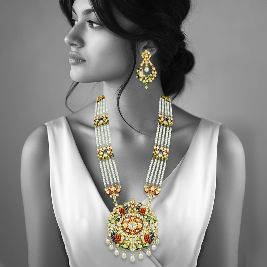 Peacock Pendant Necklace with Polki and Multi-Layered Pearls