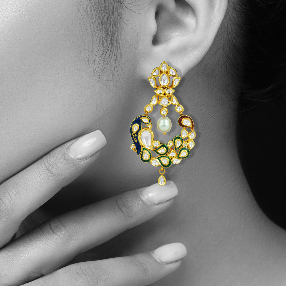 Peacock Motif Earrings with Polki, Enamel, and Pearl Drop