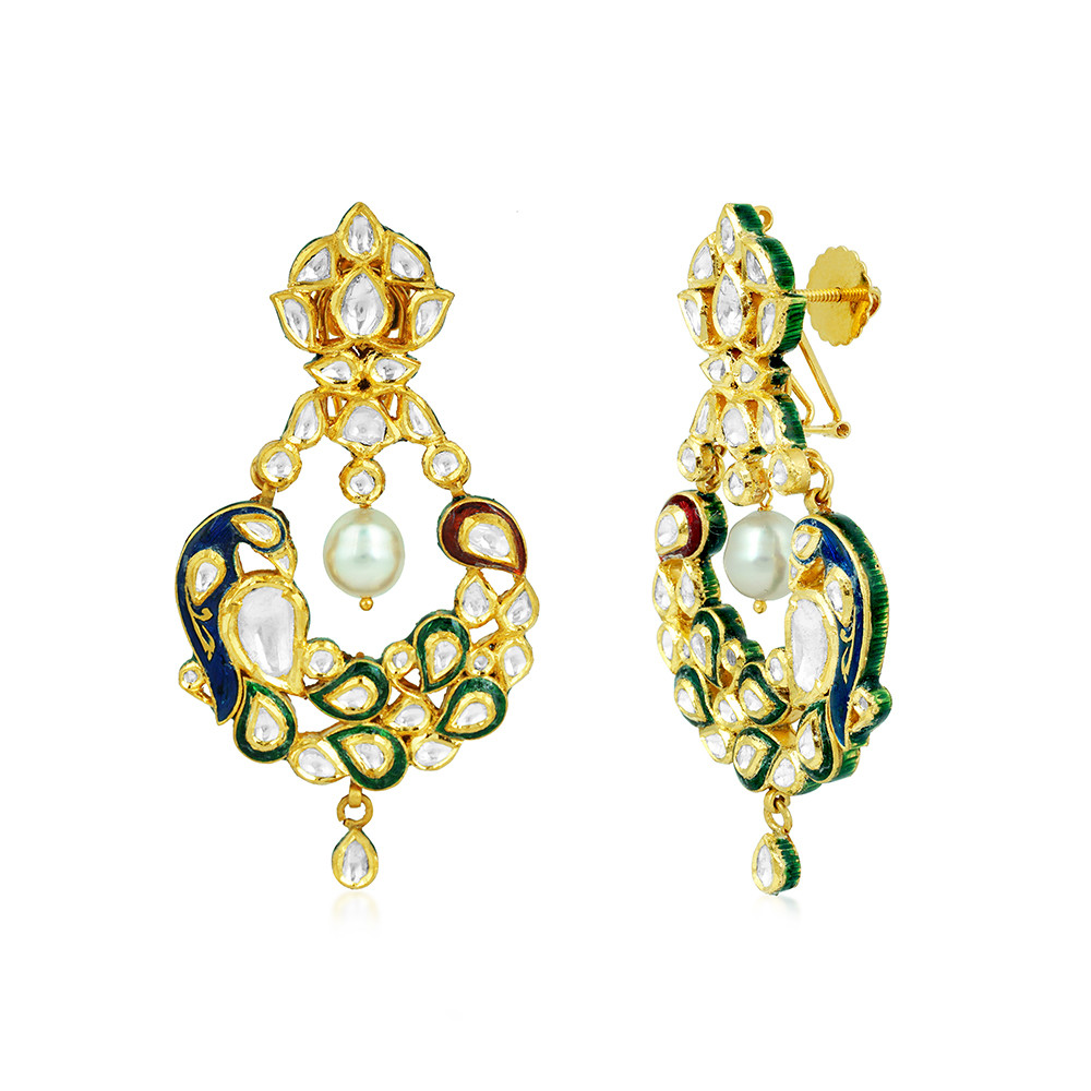 Peacock Motif Earrings with Polki, Enamel, and Pearl Drop