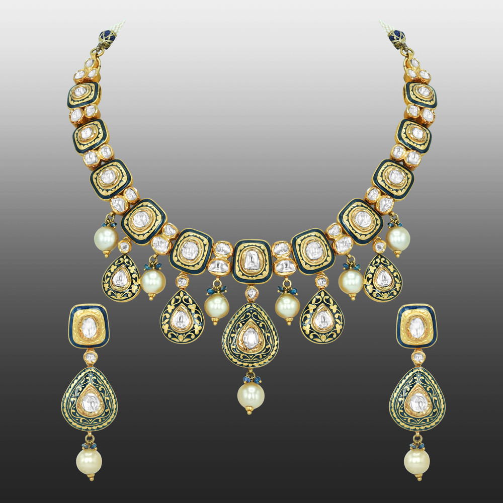 Black Inlay Polki Set with Green Enamel and Pearl Drops
