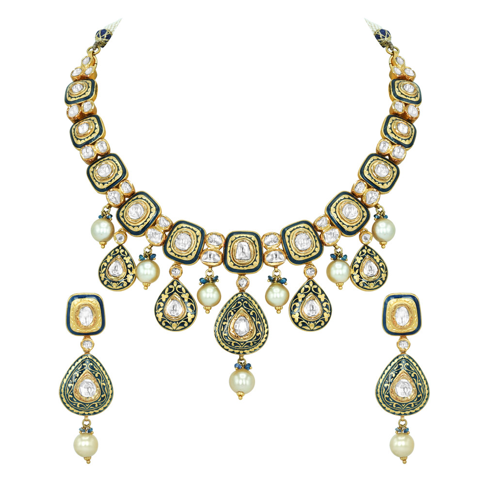 Black Inlay Polki Set with Green Enamel and Pearl Drops