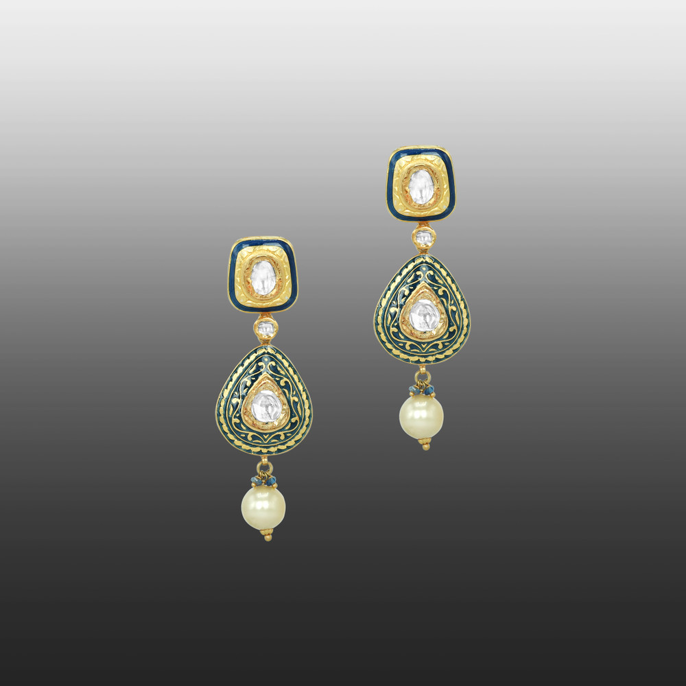 Black Inlay Polki Set with Green Enamel and Pearl Drops