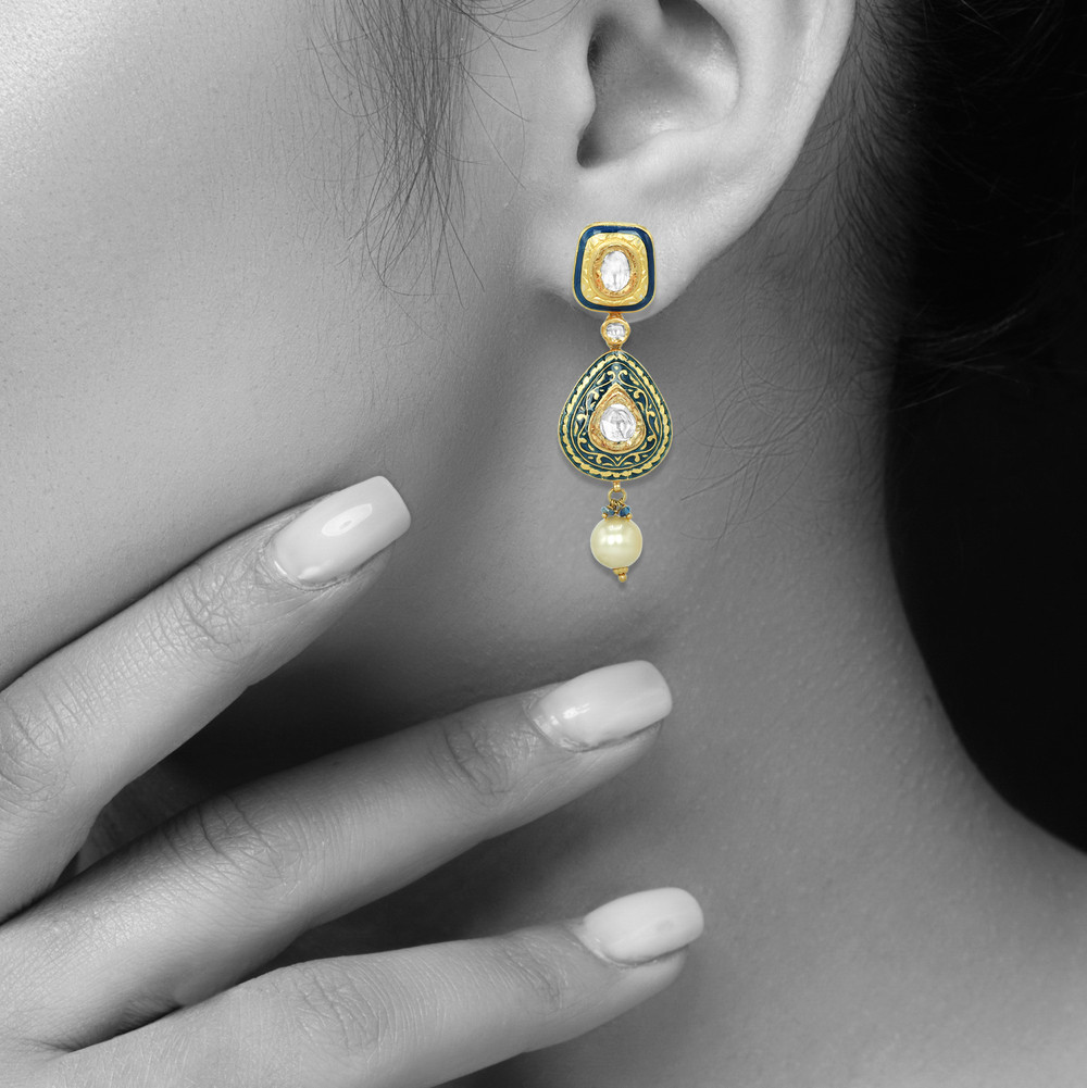 Black Inlay Polki Set with Green Enamel and Pearl Drops