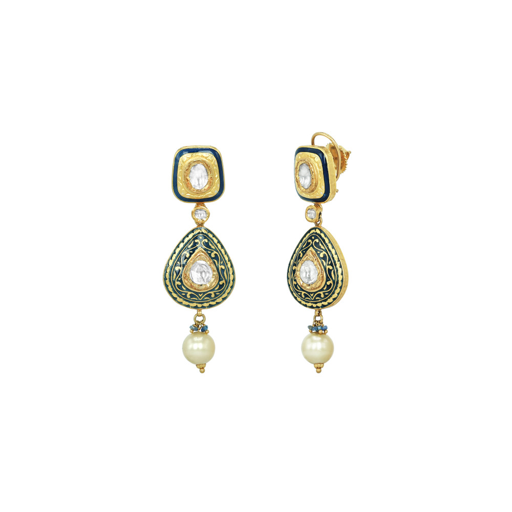 Black Inlay Polki Set with Green Enamel and Pearl Drops
