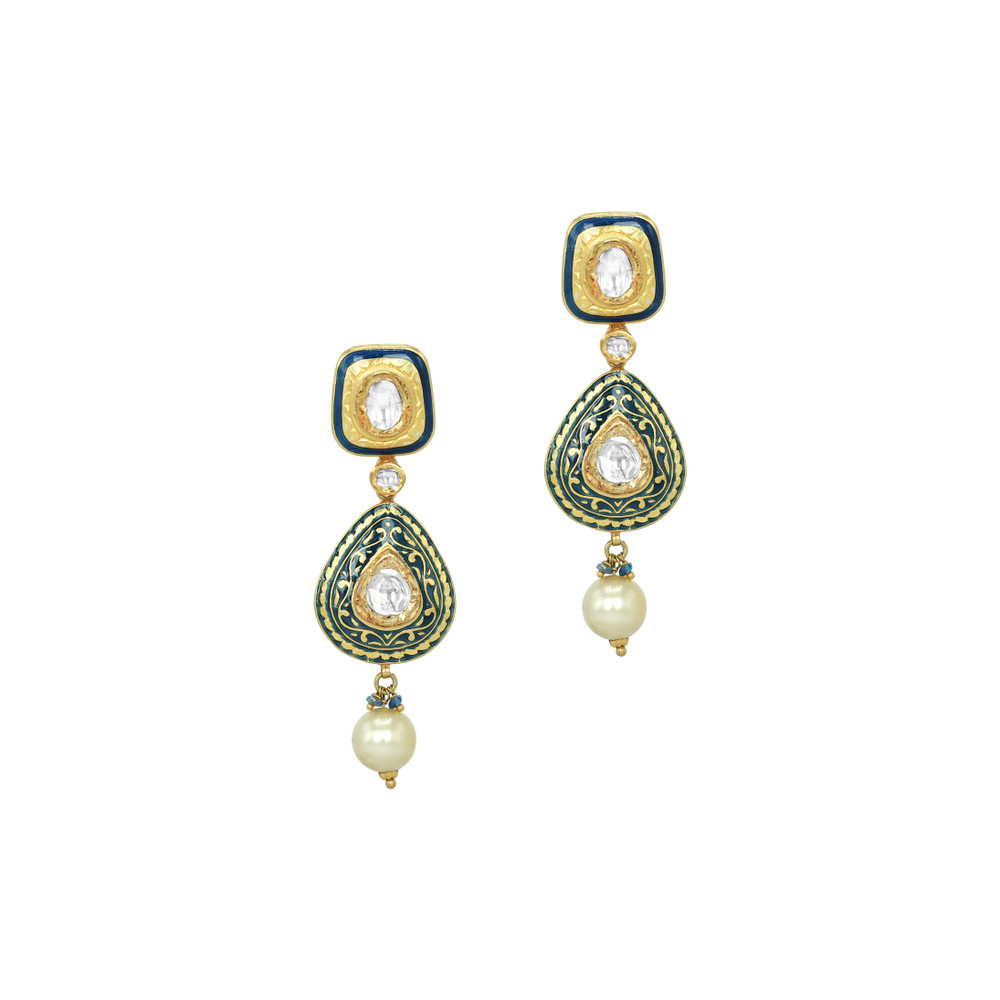 Black Inlay Polki Set with Green Enamel and Pearl Drops