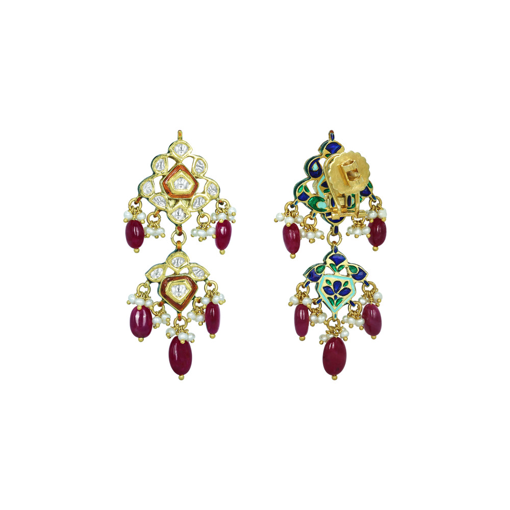 Polki Floral Earrings with Ruby Drops and Red Enamel