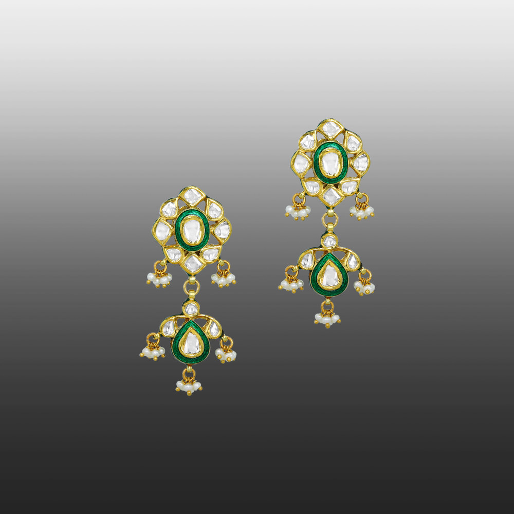 Polki Earrings with Green Enamel and Pearls