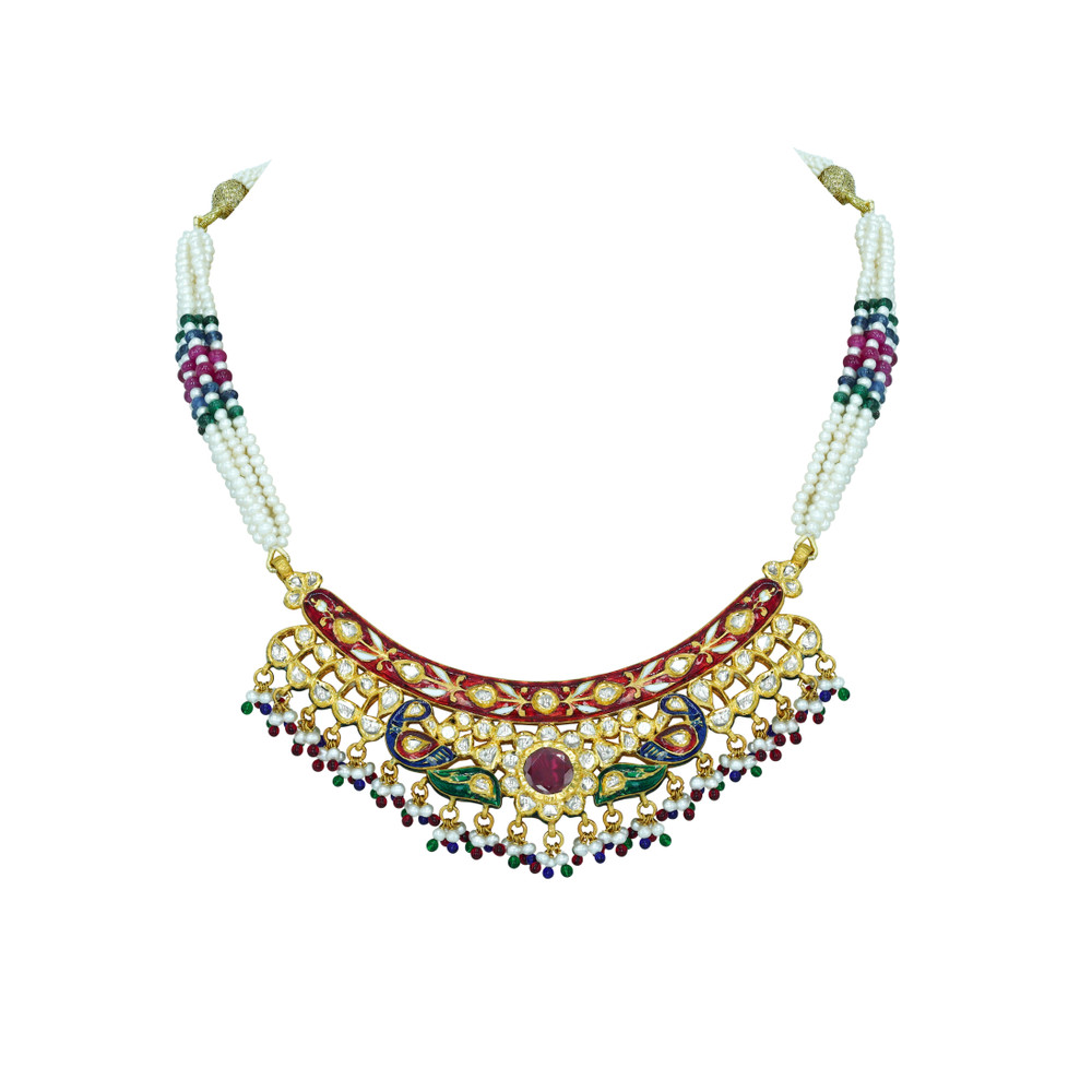 Polki Necklace with Red Enamel and Multicolour Bead Fringes