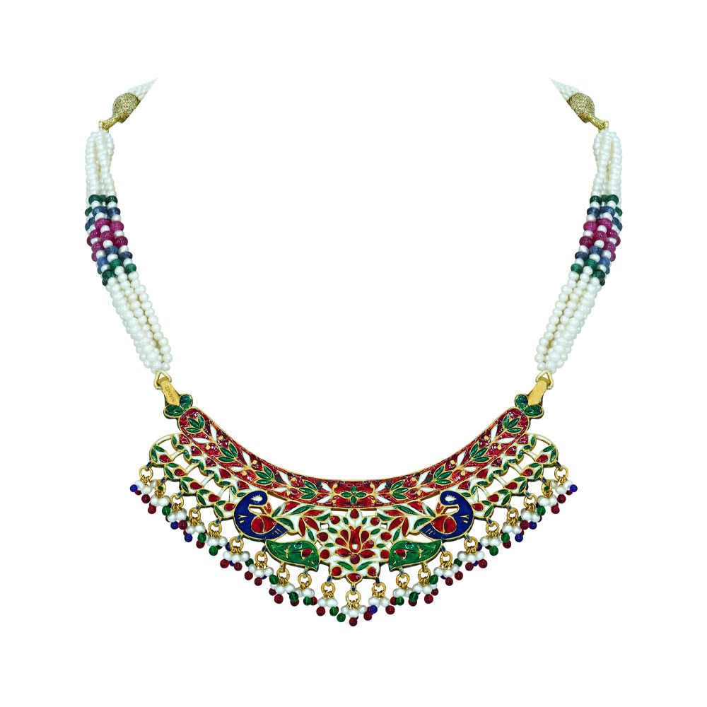 Polki Necklace with Red Enamel and Multicolour Bead Fringes