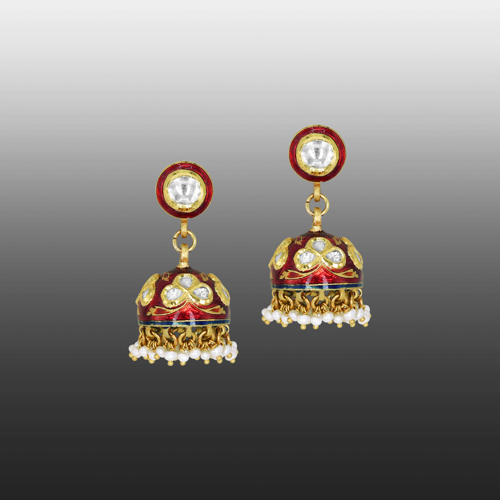 Polki Jhumkas with Red Enamel Domes and Pearl Fringes