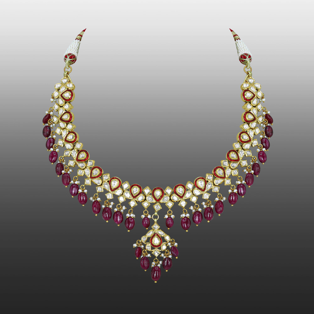 Polki Necklace with Red Enamel and Ruby Drops