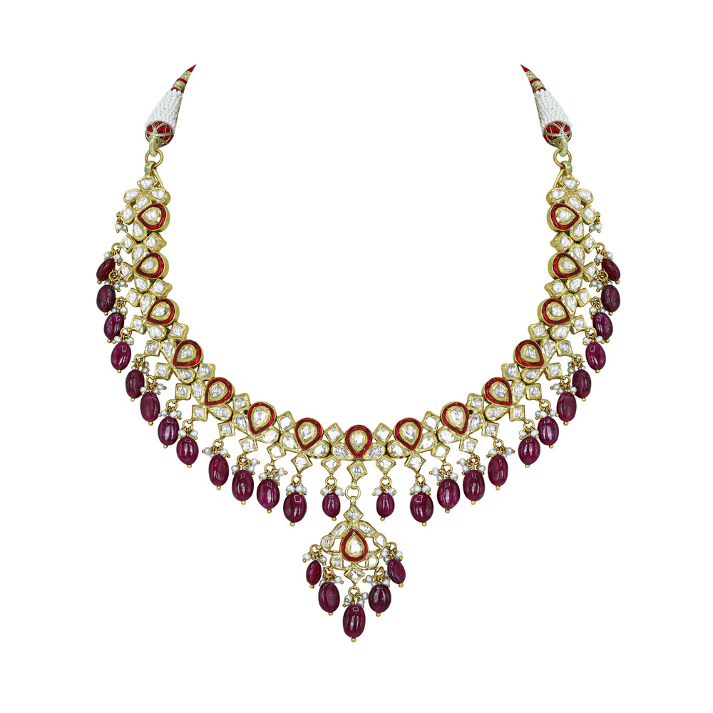 Polki Necklace with Red Enamel and Ruby Drops