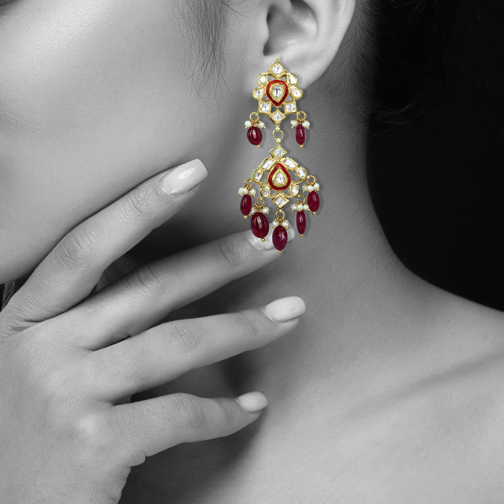 Polki Earrings with Ruby Drops and Dual Enamel Motifs