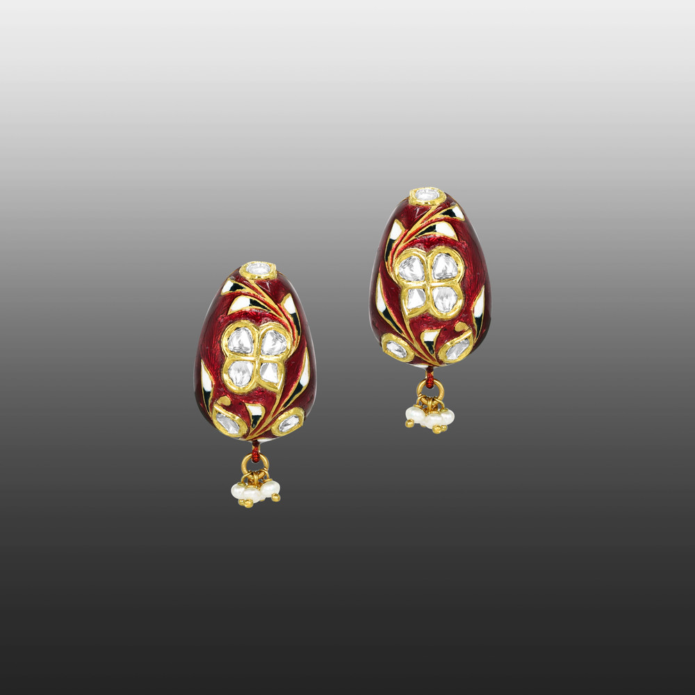 Polki Hasli Necklace Set with Red Enamel and Pearl Beads