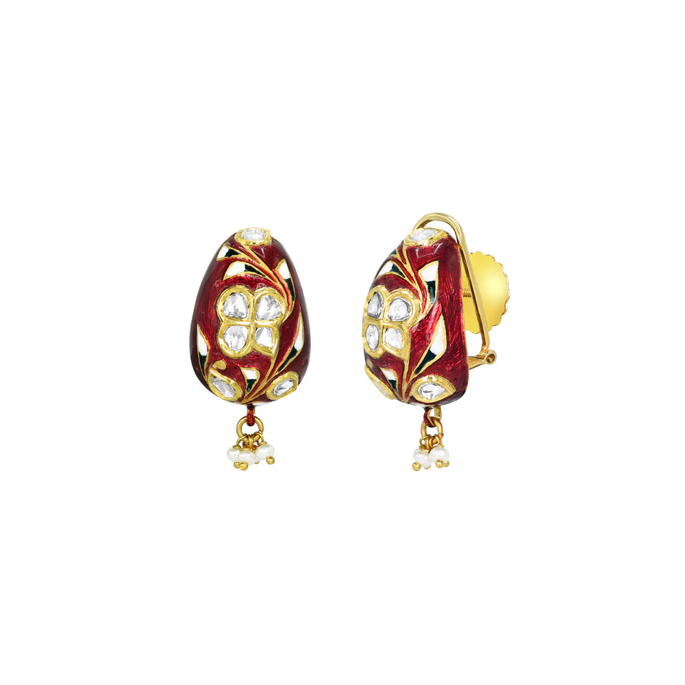Polki Hasli Necklace Set with Red Enamel and Pearl Beads