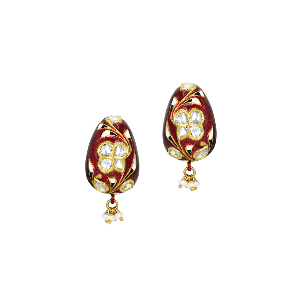 Polki Hasli Necklace Set with Red Enamel and Pearl Beads