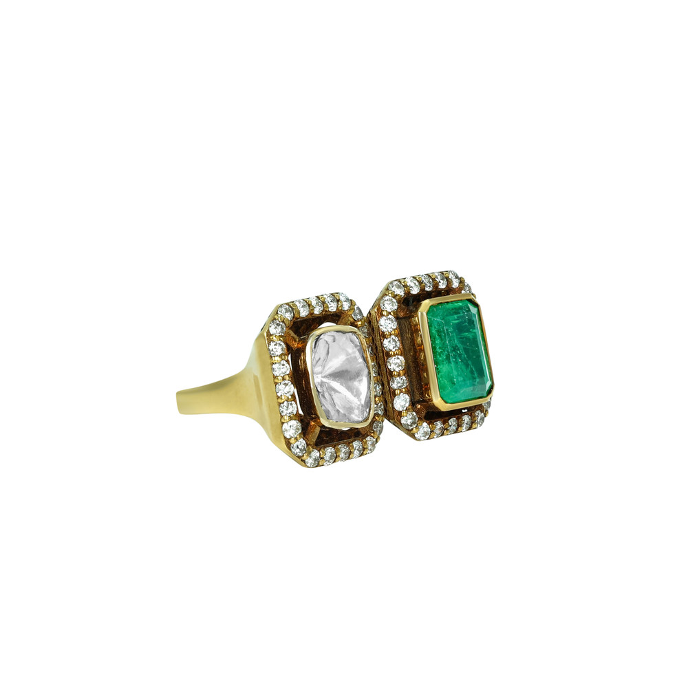 Emerald and Polki Diamond Ring with Dual Halo
