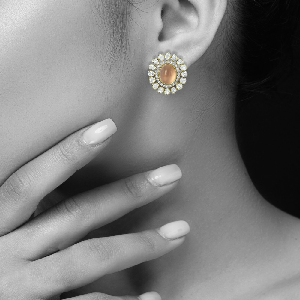 Peach Cabochon Earrings with Open Polki Halo Design