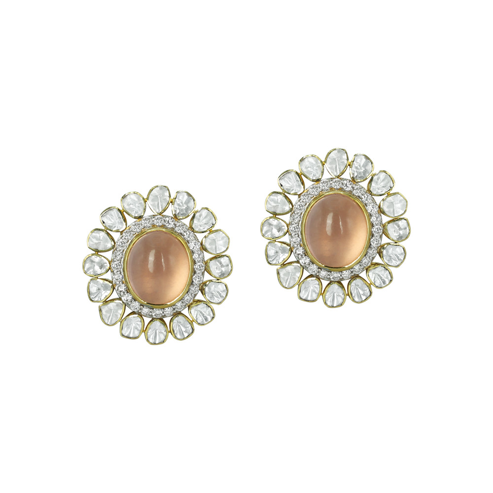 Peach Cabochon Earrings with Open Polki Halo Design