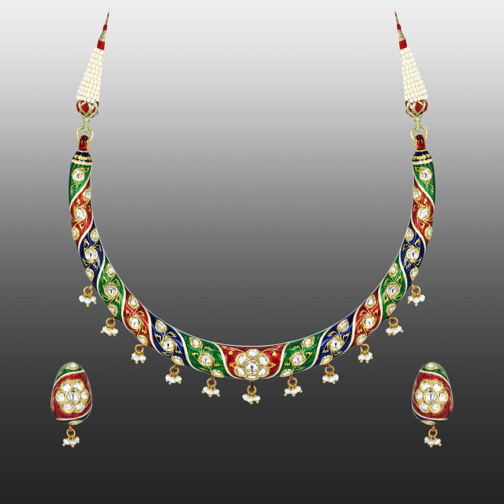 Enamel Hasli Necklace Set with Floral Motifs and Pearls