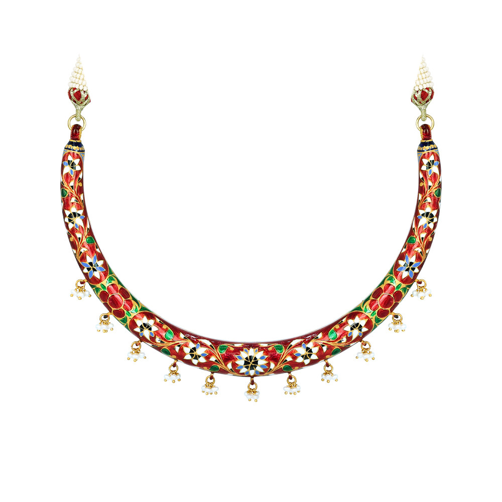 Enamel Hasli Necklace Set with Floral Motifs and Pearls