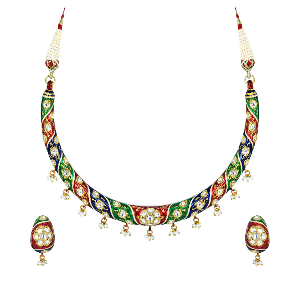 Enamel Hasli Necklace Set with Floral Motifs and Pearls