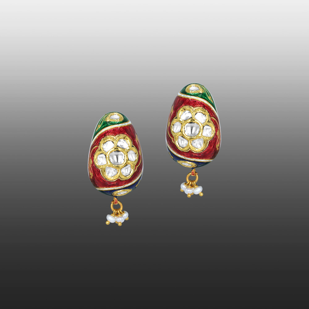 Enamel Hasli Necklace Set with Floral Motifs and Pearls